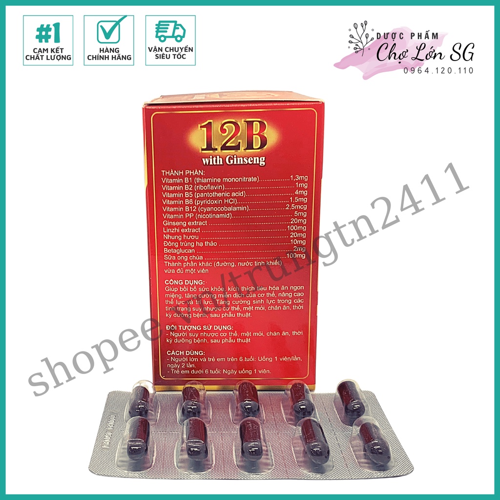 Viên bổ sung vitamin và nhân sâm 12B WITH GINSENG giúp ăn ngon, bồi bổ sức khỏe - Hộp 100 viên