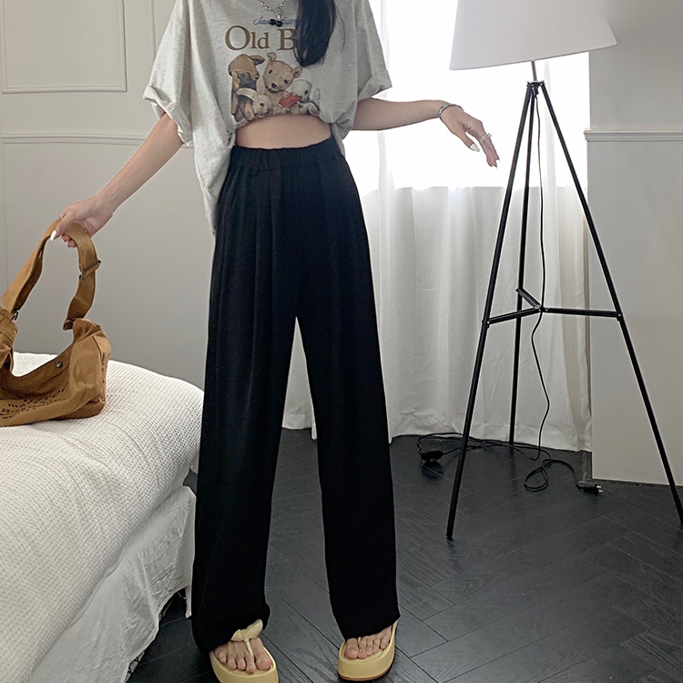 SUXI Quần ống rộng Lưng Cao Co Giãn Màu Sắc Đơn Giản Thời Trang Mùa Hè Cho Nữ