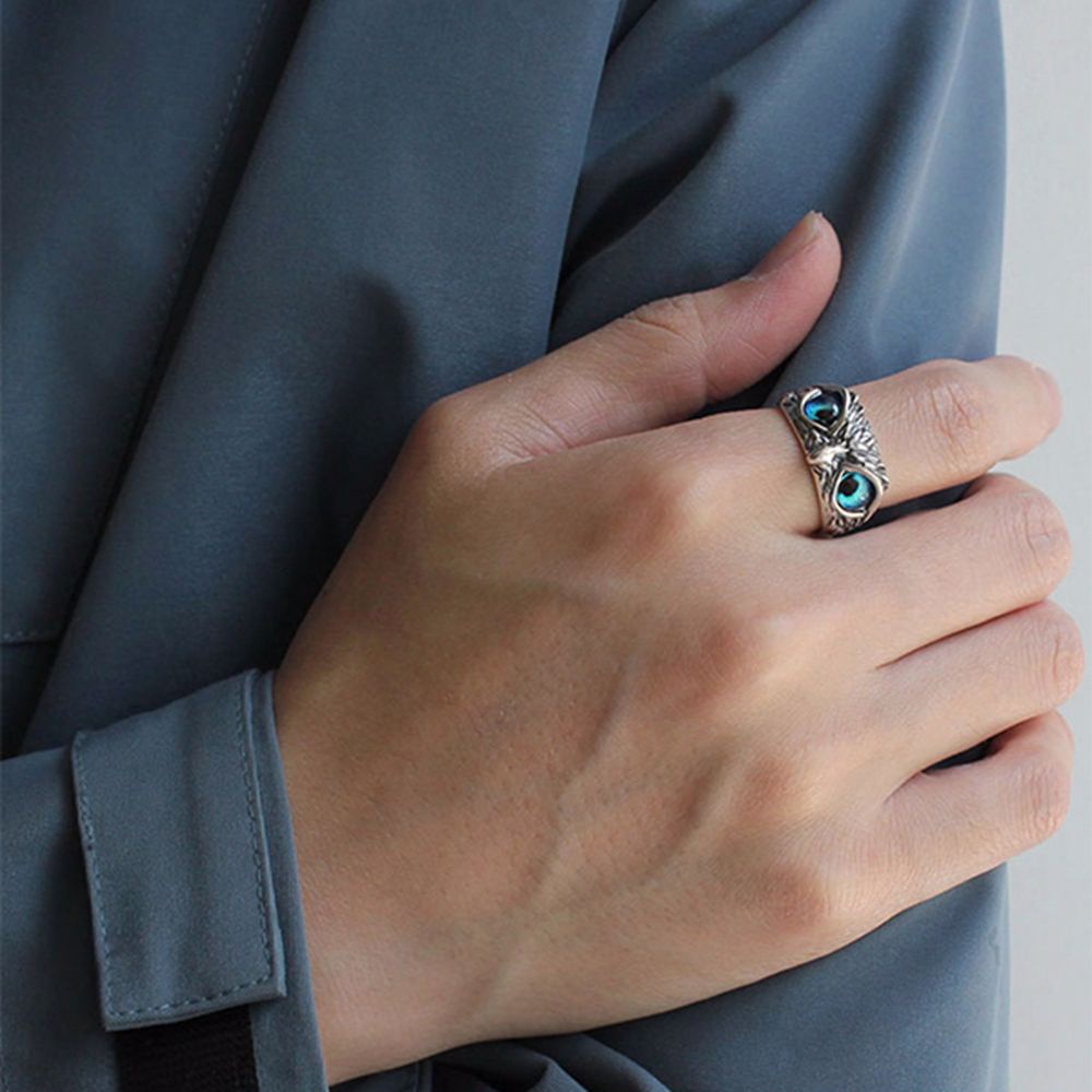 Nhẫn Hợp Kim Hình Chim Cú Mắt Xanh Dương Phong Cách Punk Hàn Quốc Cổ Điển Dành Cho Nữ