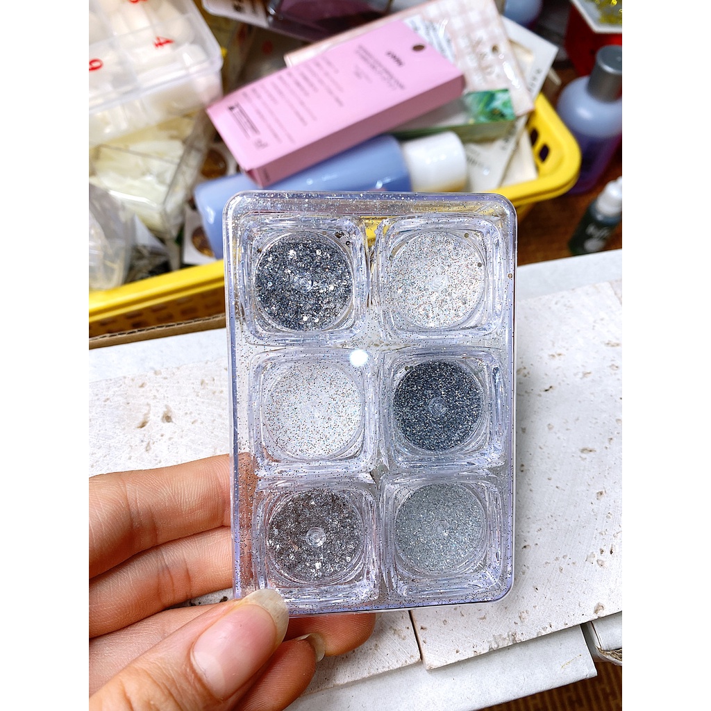 Sét 6 Ô Nhũ Dạ, Nhũ Rắc Kẻ Dạ Cao Cấp Mẫu Mới ,Siêu Đẹp - Trùm Nail Mi
