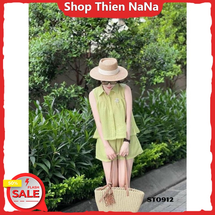 Set Bộ Nữ , Set Áo Sơ Mi Tay Cộc Tiếp Viên Mix Quần Đùi Chất Thô Y Mẫu 2 Lớp Hàng Chuẩn Shop