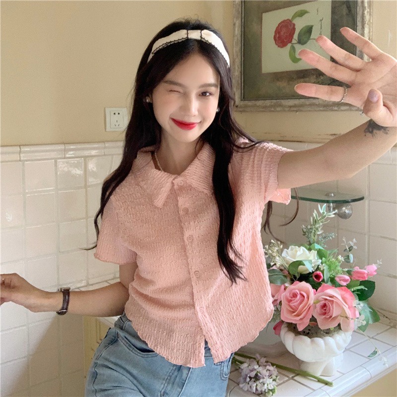 Áo Sơ Mi Ngắn Tay Cổ Bẻ Xếp Ly Thời Trang