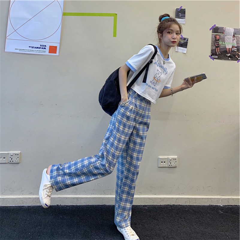 Đồ bộ nữ áo croptop phối quần ống rộng caro ulzzang B01 - Maoshop | BigBuy360 - bigbuy360.vn