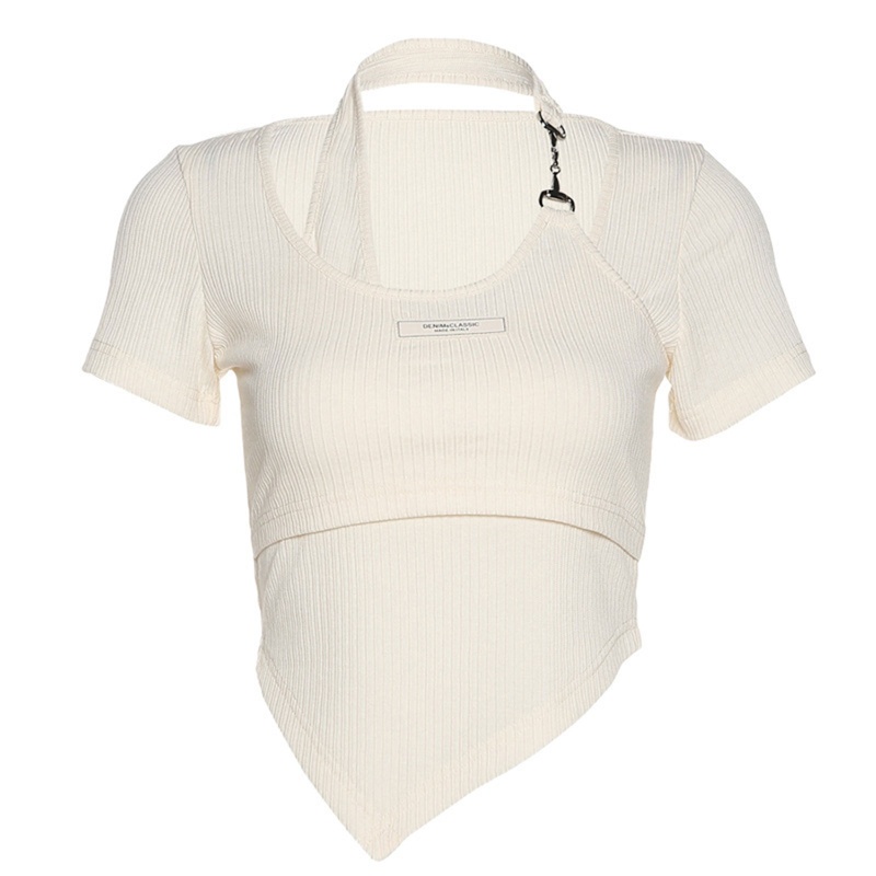 Brroa Set 2 Áo Croptop Dệt Kim Tay Ngắn Phối Dây Xích Kim Loại Hình Tam Giác Viền Gân Kim Loại Màu Trơn Cho Nữ