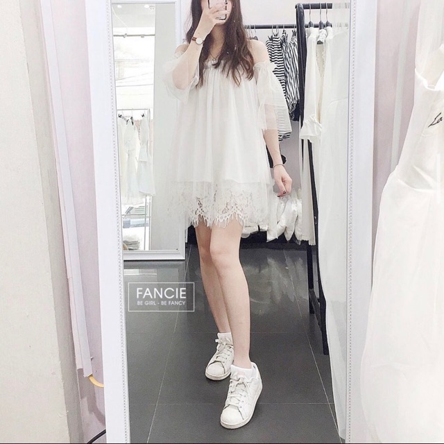 Set áo váy Fancie ren trắng freesize