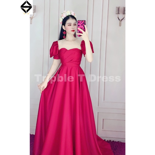 Đầm maxi xoè mặc cưới xếp ly ngực 3 tia tay ngắn phồng cổ tròn phối lưới nude TRIPBLE T DRESS - size S/M/L - MS179Y