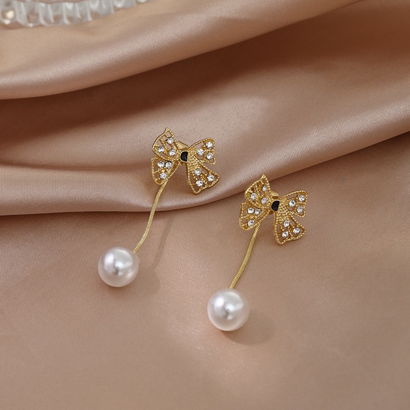 bông tai hình nơ kèm châu dài phong cách, khuyên tai thả dài cá tính