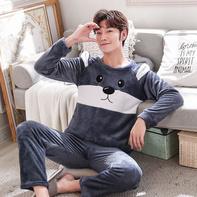 Bộ Đồ Ngủ Lông Cừu San Hô Dày Dặn In Hoạt Hình Thời Trang Thu Đông Cho Nam
