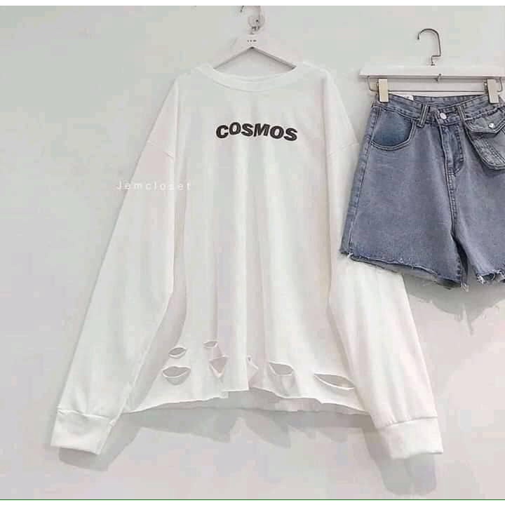 SQ009 - Bộ áo thun dài tay rách Cosmos form rộng và quần Jorgger đen gấu bo unisex, bộ áo phông trắng oversize quần dài