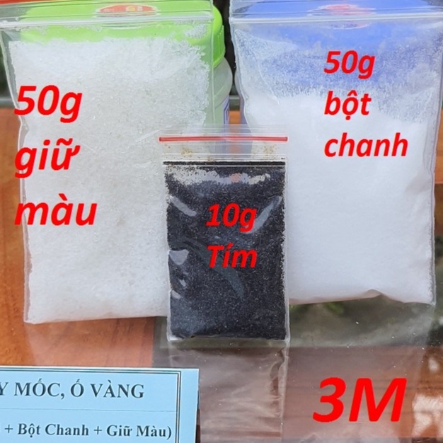 Combo Thuốc Tẩy Quần Áo,Tẩy Mốc Tẩy Ố Vàng Quần Áo Trắng và Màu Bộ Đủ 3 Gói Bột Chanh+Thuốc Tím+Giữ Màu