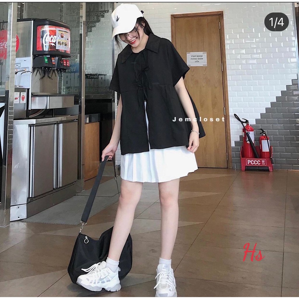 Áo babydoll buộc dây cổ bẻ chất liệu : thô