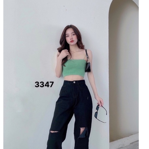 Quần Jean Nữ Aiori Ống Rộng Lưng Cao Trơn Rách Gối Màu Đen Bò Suông Phong Cách Thời Trang Cotton Cao Cấp Ulzzang_Mã 3347
