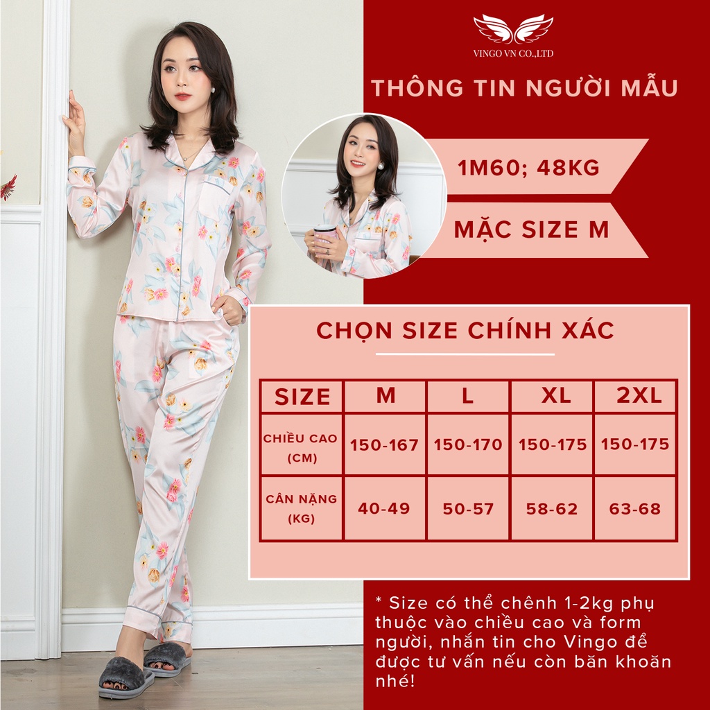 Đồ Bộ Nữ Pijama Mặc Nhà VINGO Chất Liệu Lụa Pháp Cao Cấp Tay Dài Quần Dài Họa Tiết Hoa Hồng Thanh Lịch H525 VNGO