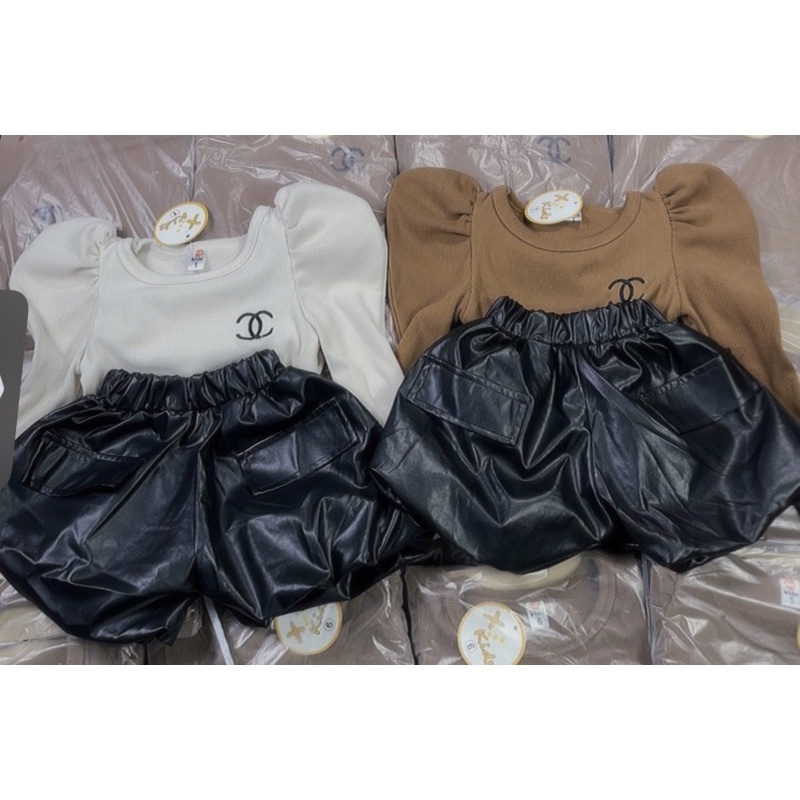 Set áo nhung lông tay bồng quần da cho bé gái