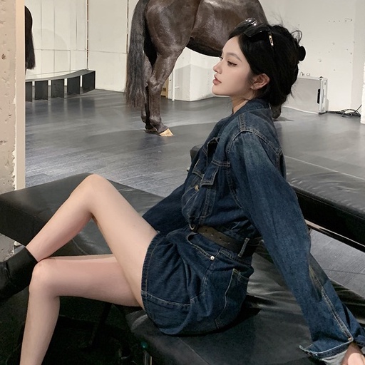 Đầm Denim Tay Dài Ôm Eo Cài Một Hàng Khuy Thời Trang Mùa Thu Phong Cách Hàn Quốc Cho Nữ