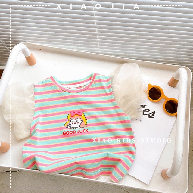 Set Áo Thun Tay Ngắn Phối Lưới Kẻ Sọc Màu Hồng Dễ Thương Thời Trang Hè 2023 Phong Cách Hàn Quốc Cho Bé Gái