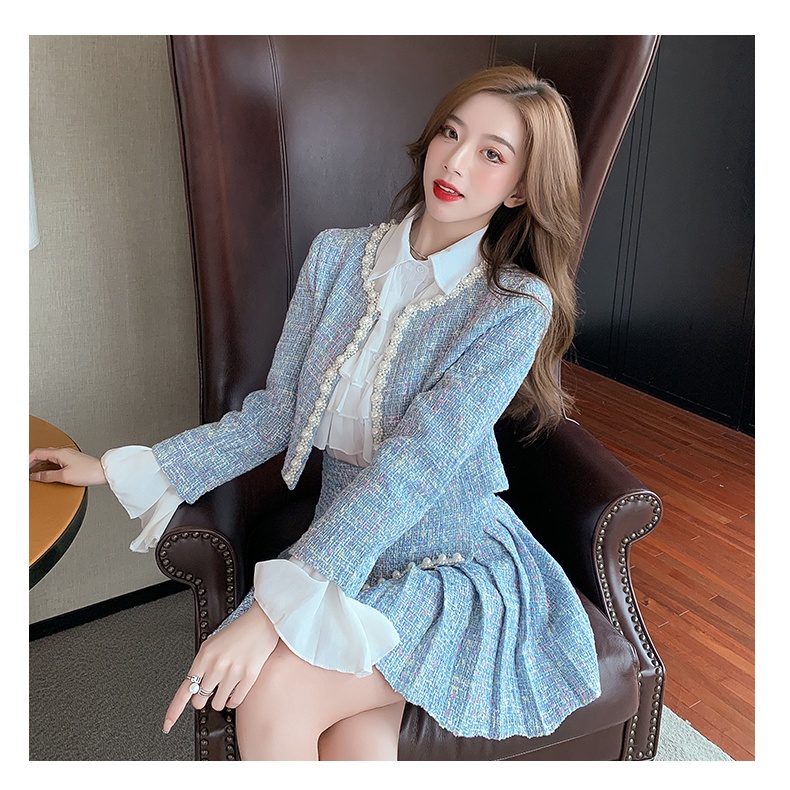 Set dạ tweed nữ tiểu thư mùa đông bigsize hồng xanh be áo khoác chân váy sang chảnh bánh bèo hàng quảng châu cao cấp