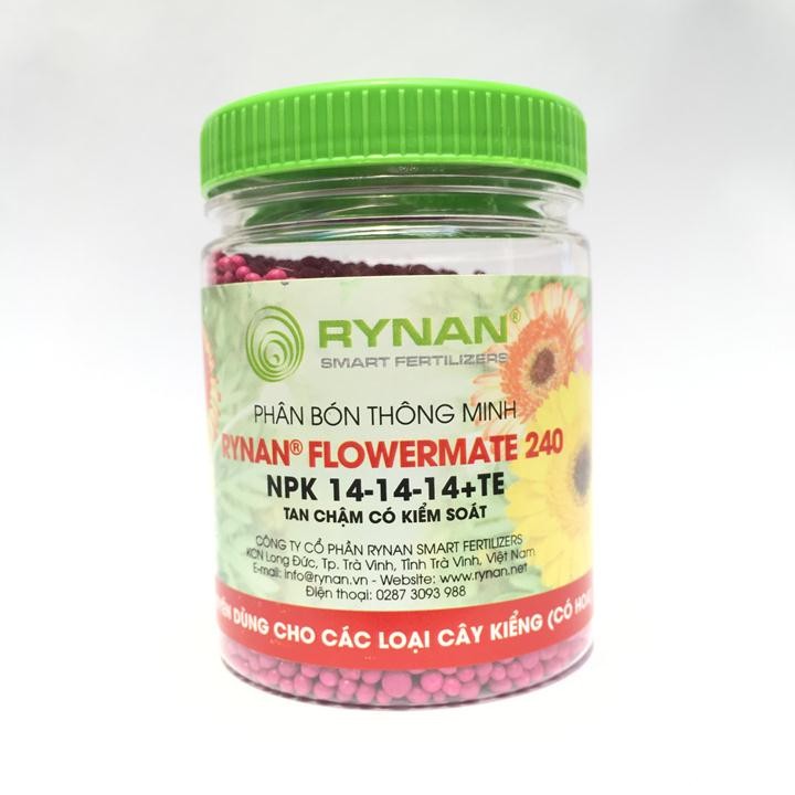 Phân tan chậm thông minh Rynan Flowermate 240 NPK 14-14-14 TE hũ 150g chuyên dùng cho các loại cây cảnh có hoa
