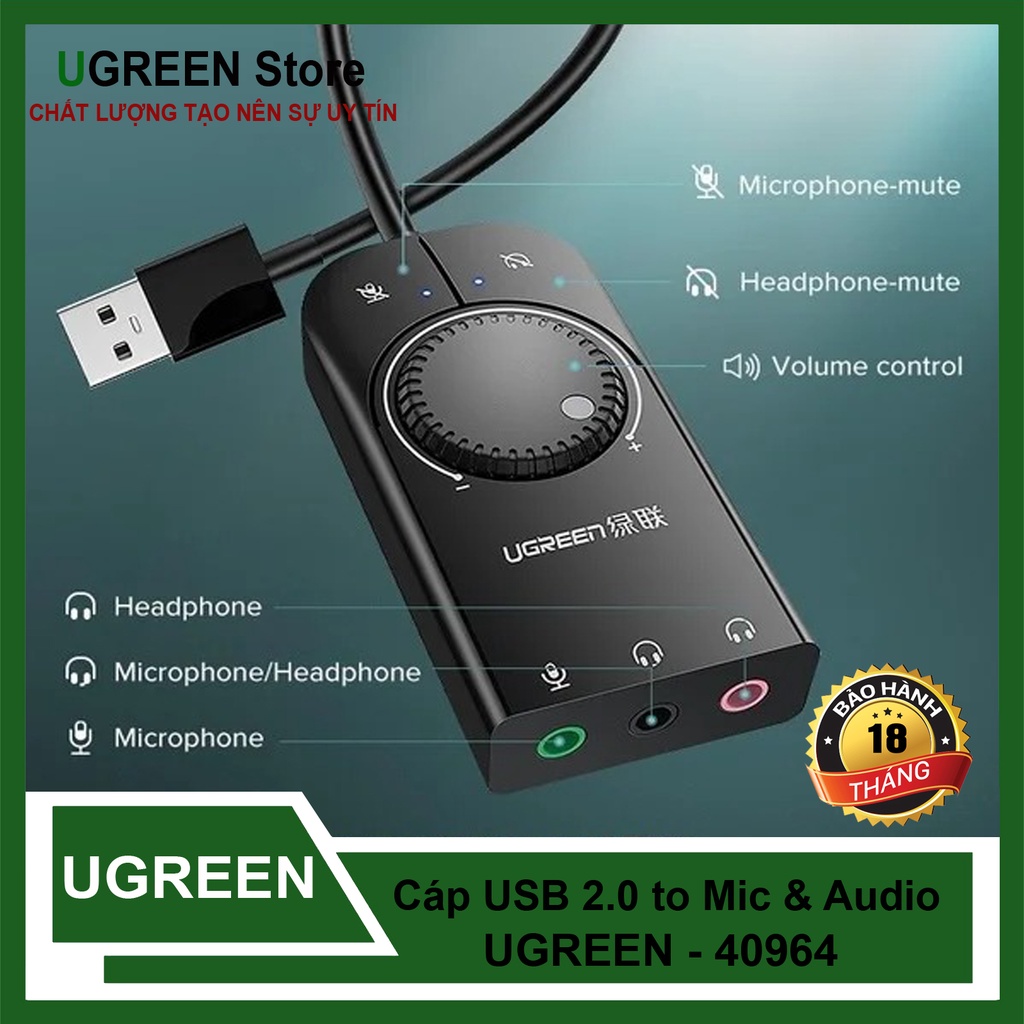 [Mã ELHACE giảm 4% đơn 300K] Bộ Chuyển USB 2.0 Ra Mic &amp; Loa Có Điều Khiển Volume Chính Hãng Ugreen 40964