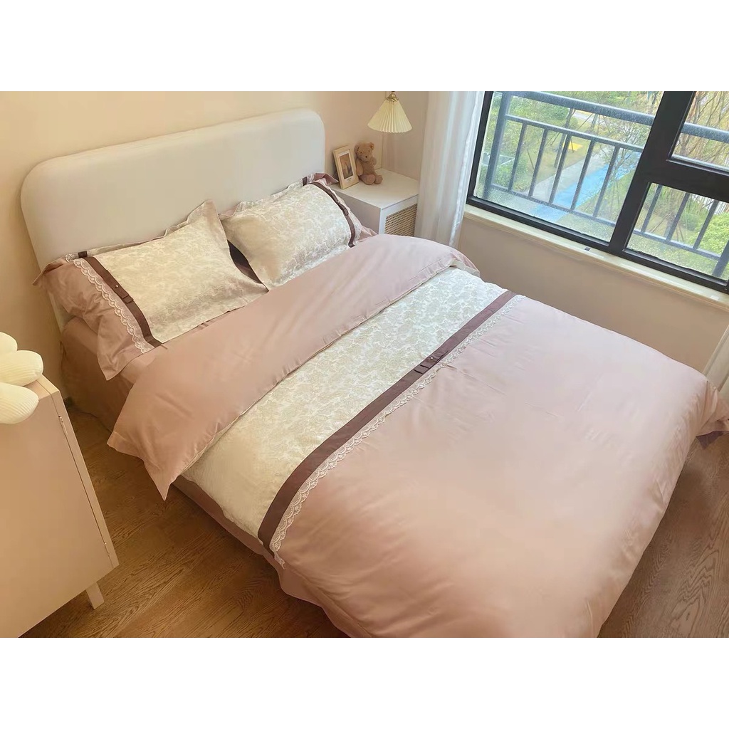 Bộ chăn ga gối lụa sateen 100s LIDACO mix ren nơ sang trọng