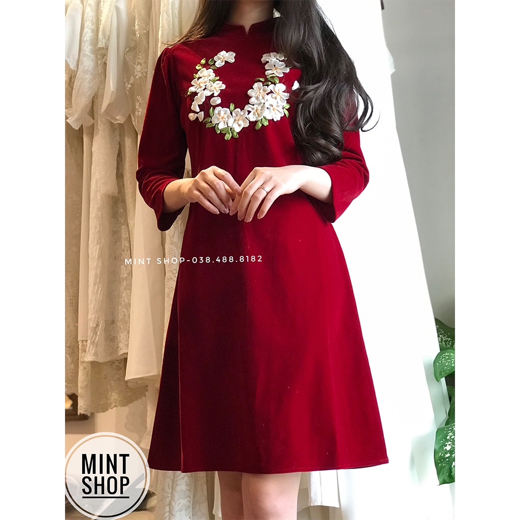Váy Nhung Đỏ Thêu Hoa, Váy Thiết Kế, Đầm Dự Tiệc, Dáng Suông A | BigBuy360 - bigbuy360.vn