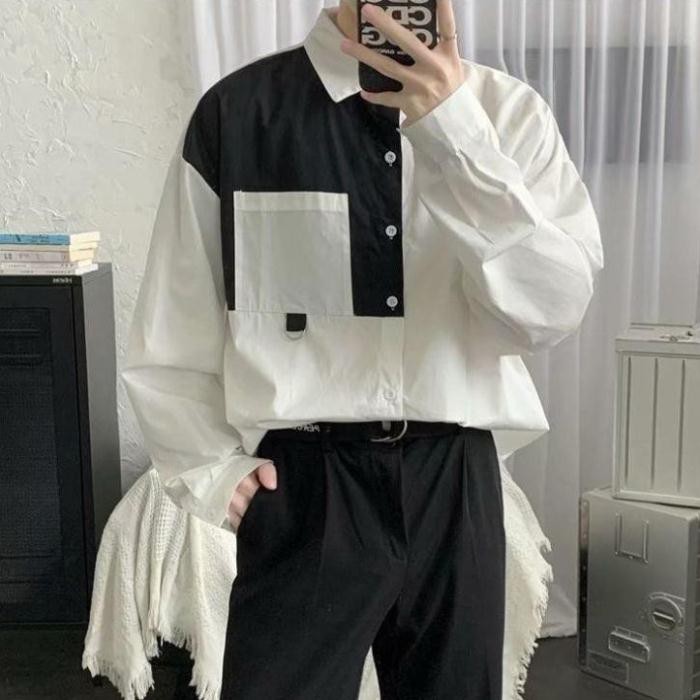 Áo Sơ Mi Tay Dài Phối Vai Unisex Cho Cả Nam Và Nữ Vải Kate Hàn Đẹp Và Thoáng Mát | BigBuy360 - bigbuy360.vn