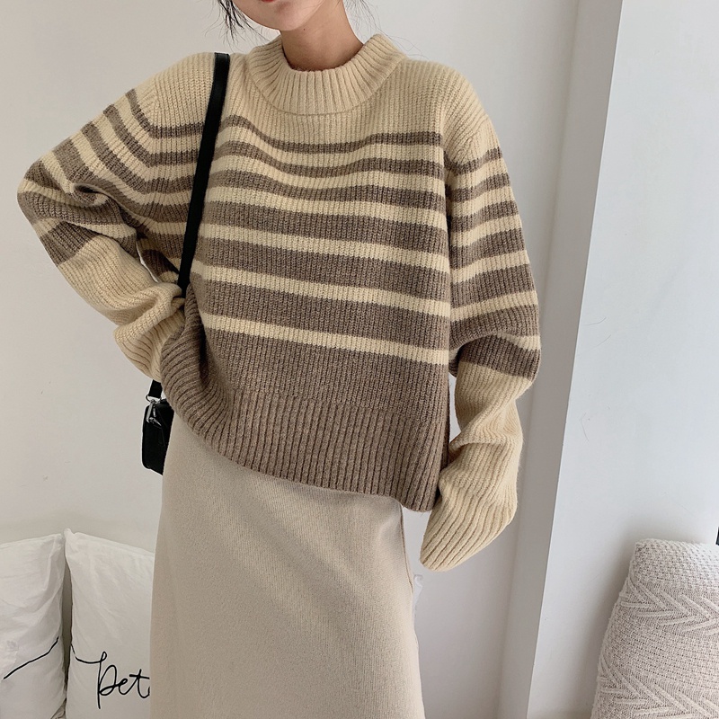 Áo sweater tay dài dáng rộng kẻ sọc phong cách Hàn Quốc trẻ trung