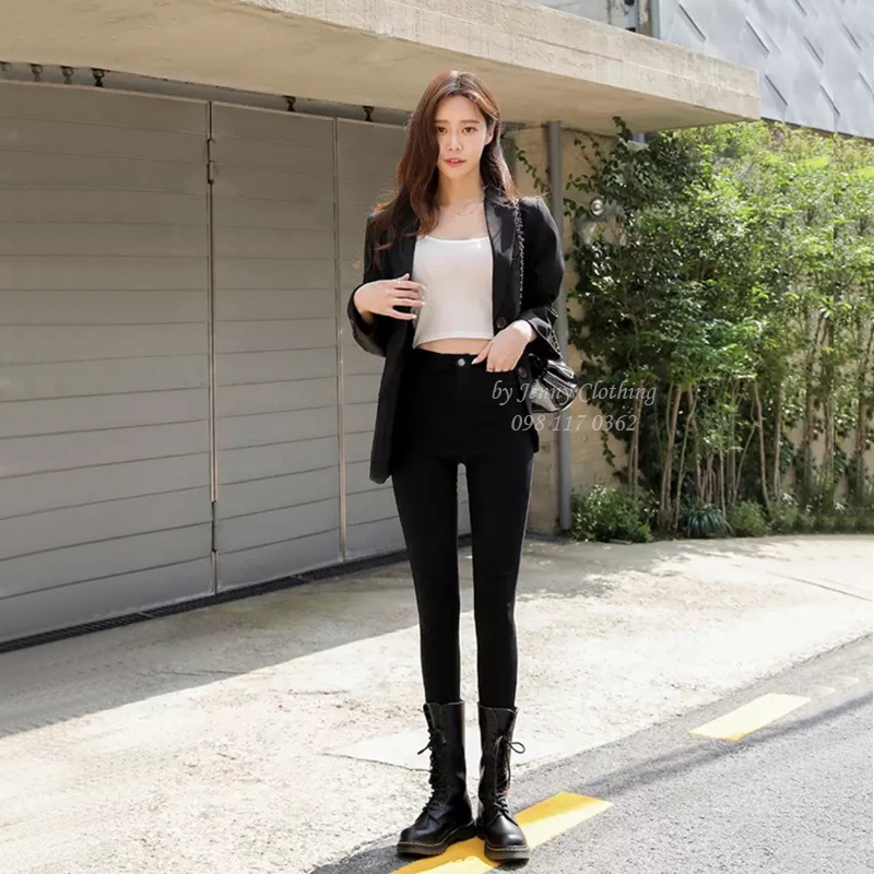 Quần legging nữ cạp cao dài 1 khuy gen bụng nâng mông chất Umi Hàn Cao Cấp co dãn màu đen có túi mặc đi làm học đẹp