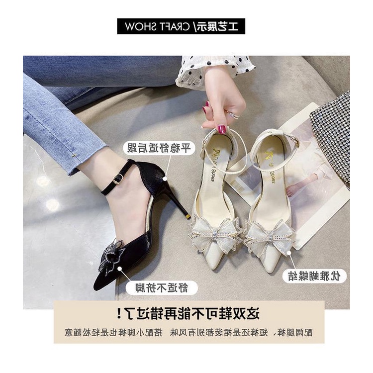 Giày cao gót đính nơ và kim cương giả thời trang dễ phối đồ cho nữ 2021