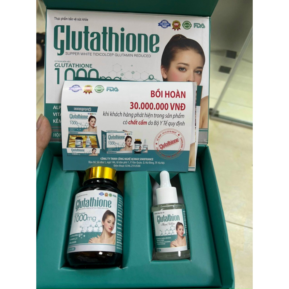GLUTATHIONE 1000mg - Viên uống và serum bôi trắng da, mờ nám -Hộp 30 viên + serum 30ml