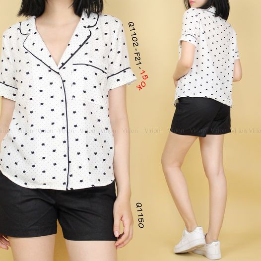 Q1102 - Áo sơ mi F21 cổ pyjama phối viền in mặt mèo chấm bi