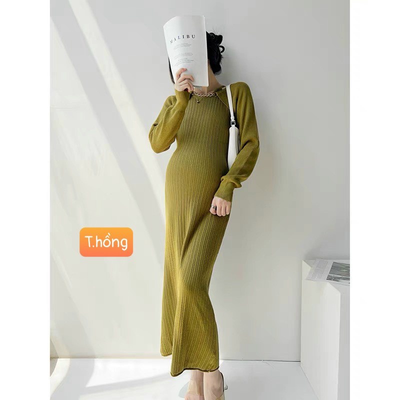 Set váy len maxi cổ yếm kèm cardigan dây xích bigsize bầu bí mặc được