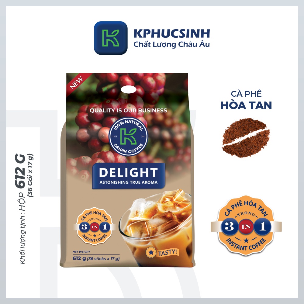 Combo 2 túi cà phê sữa hòa tan K Delight 3in1 612g/túi 36 gói thương hiệu K COFFEE KPHUCSINH - Hàng Chính Hãng