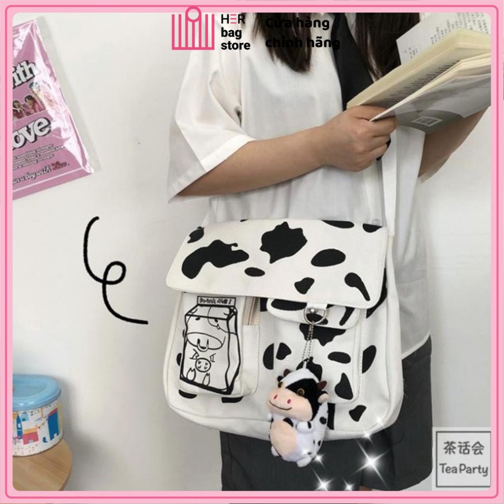 Túi tote túi vải canvas đeo chéo học sinh viên đi chơi đi in hình BÒ SỮA siêu hot đủ loại size to bé Herbagstore