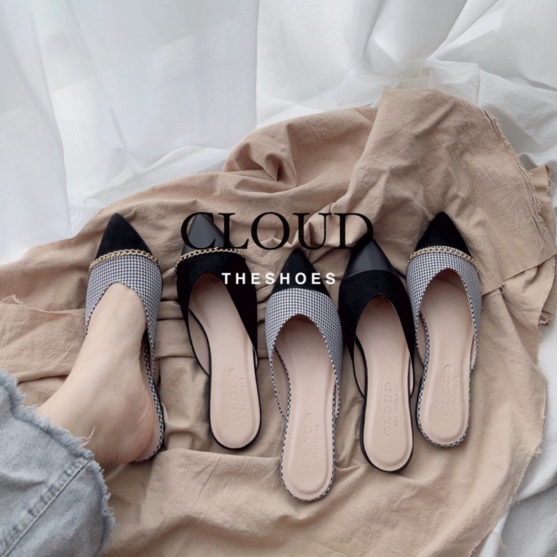 Giày sục bệt nữ bít mũi nhọn phối màu họa tiết sọc xích mũi – Cloud The Shoes