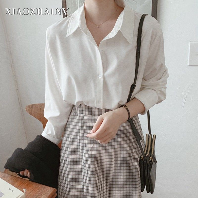 Xiaozhainv Áo sơ mi nữ tay dài thanh lịch màu trơn phong cách Hàn Quốc