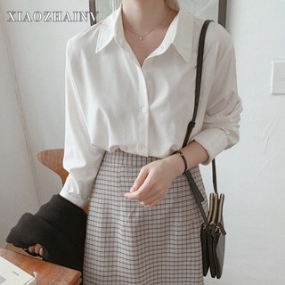 Xiaozhainv Áo sơ mi nữ tay dài thanh lịch màu trơn phong cách Hàn Quốc