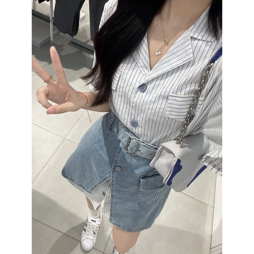 Set áo sơ mi dáng rộng kẻ sọc + chân váy denim phong cách Hàn Quốc thời trang mùa hè cho nữ có bán lẻ