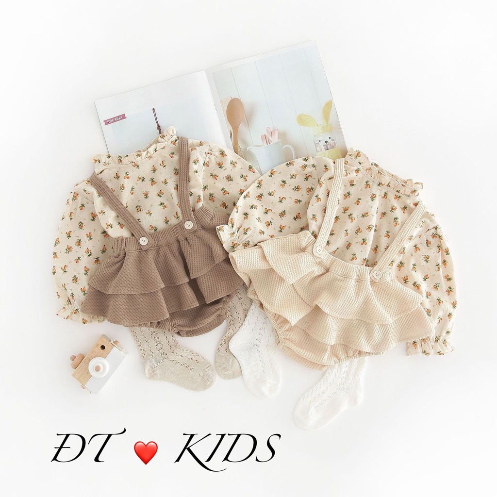 Set Áo Hoa Nhí Dài Tay Kèm Váy Tầng Cho Bé Gái