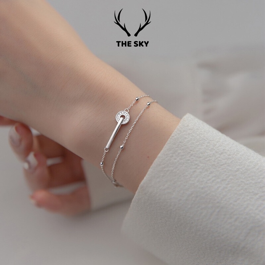Vòng Tay Bạc Nữ THE SKY VT1023 Hai Dây Sợi Mảnh Kèm Mặt Tròn Đính Đá Điểm Hạt Bạc