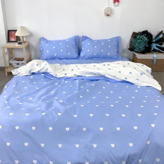 Bộ chăn ga gối Cotton Poly Xanh trắng họa tiết tim