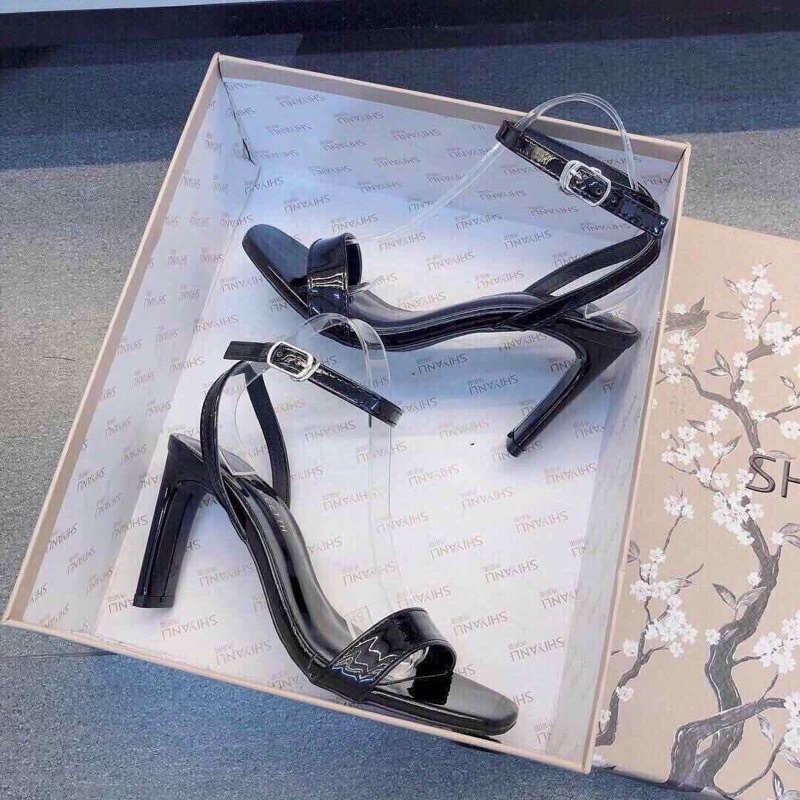 Sandal cao gót da bóng quai mảnh dây cài cổ chân gót dẹt 9p sang chảnh kiểu công sở