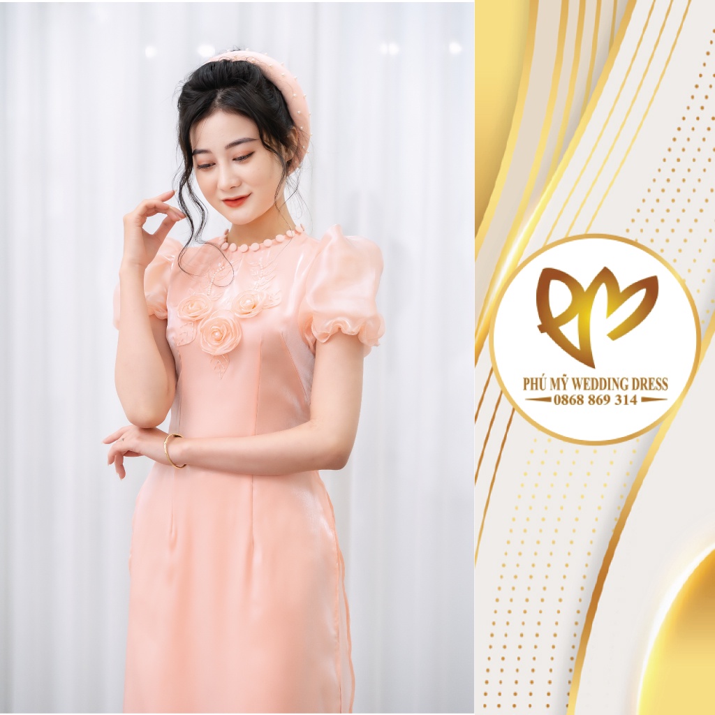 Áo dài truyền thống voan tơ tay bồng màu hồng