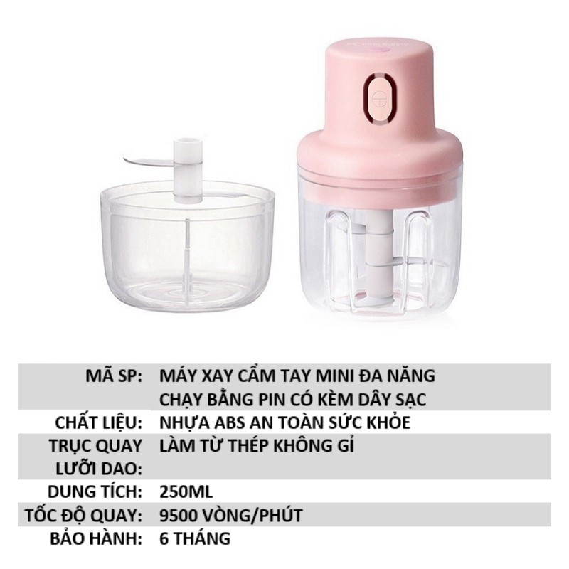 Máy Xay Mini Sạc Điện, Có Cổng Sạc Usb, Xay Hành, Tỏi, Rau Củ Quả