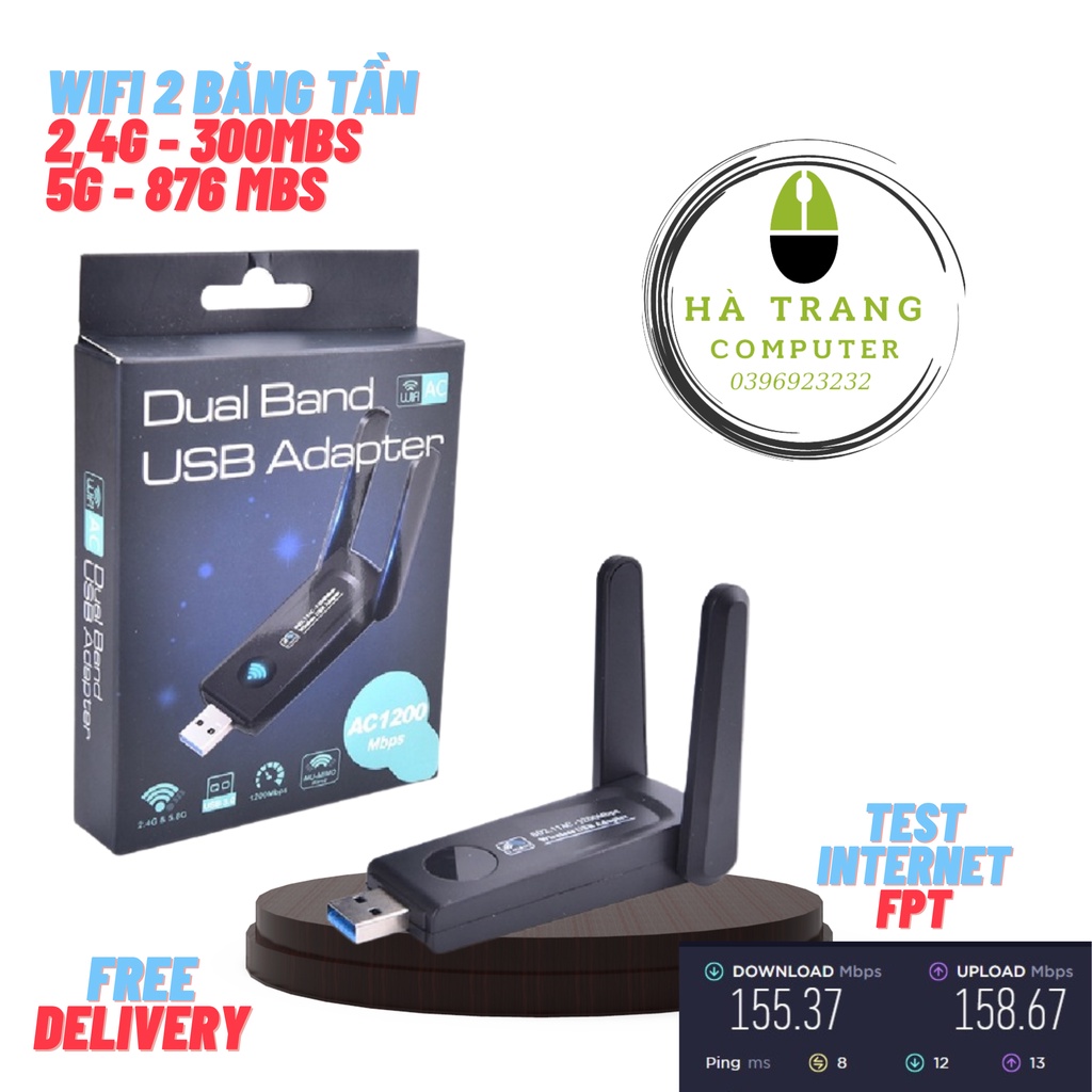 USB Thu Phát Wifi 1200mbps tốc độ cao 2 râu ăng ten kép cho Laptop PC 2.4 / 5g cổng cắm usb 3.0 - USB wifi băng tần kép