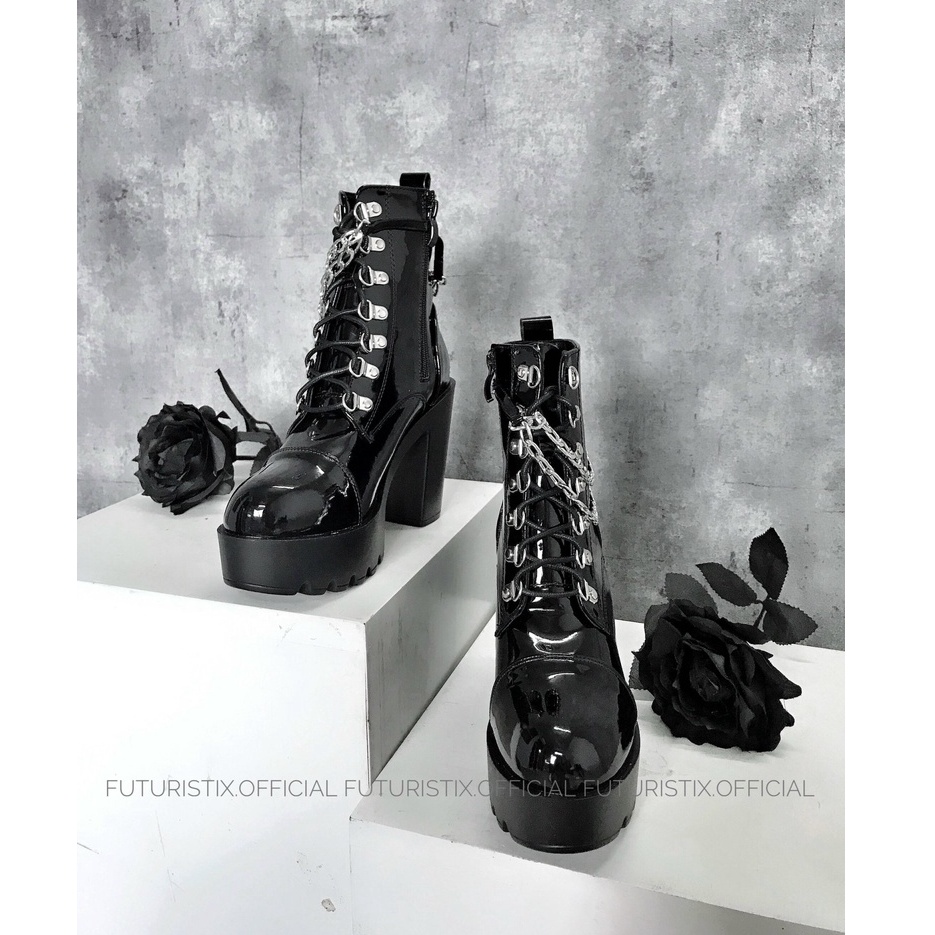 Giày bốt nữ Da Bóng Dây Xích, boot nữ cao gót 12cm tôn dáng nữ tính Futuristix - G079