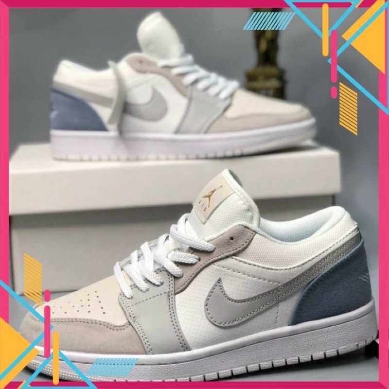 [🎁 Giá Gốc]✅  Giày 𝐉𝐨𝐫𝐝𝐚𝐧 1 low paris màu xám gót xanh nam nữ, Giày sneaker JD 1 paris cổ thấp bản đẹp full bill box