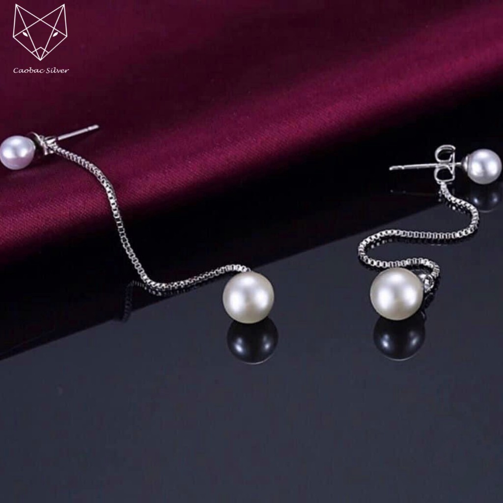 Khuyên Tai Bạc Nữ S925 CaoBac Silver Khuyên Sợi Dài Đính Ngọc Trai Nhân Tạo Sang Trọng - SKT02