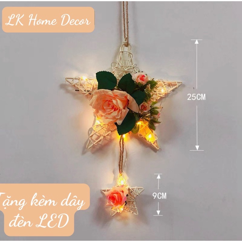 Phụ kiện treo tường Set ngôi sao 5 cánh có gắn hoa kèm đèn LED treo tường trang trí phòng ngủ, bàn học , nhà cửa