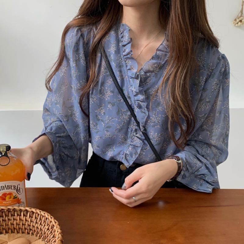 Áo Sơ Mi Voan Tay Dài Cổ V Họa Tiết Hoa Thời Trang Xuân Thu 2021 Cho Nữ